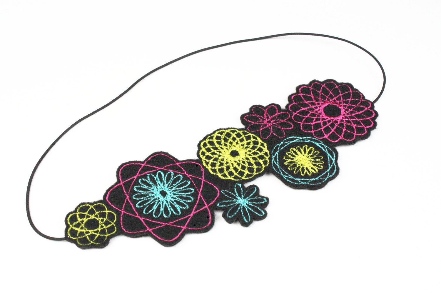 Hypotrochoids Headband, Neon Pink, Yellow, Turquoise, Epitrochoids, Geometric Design