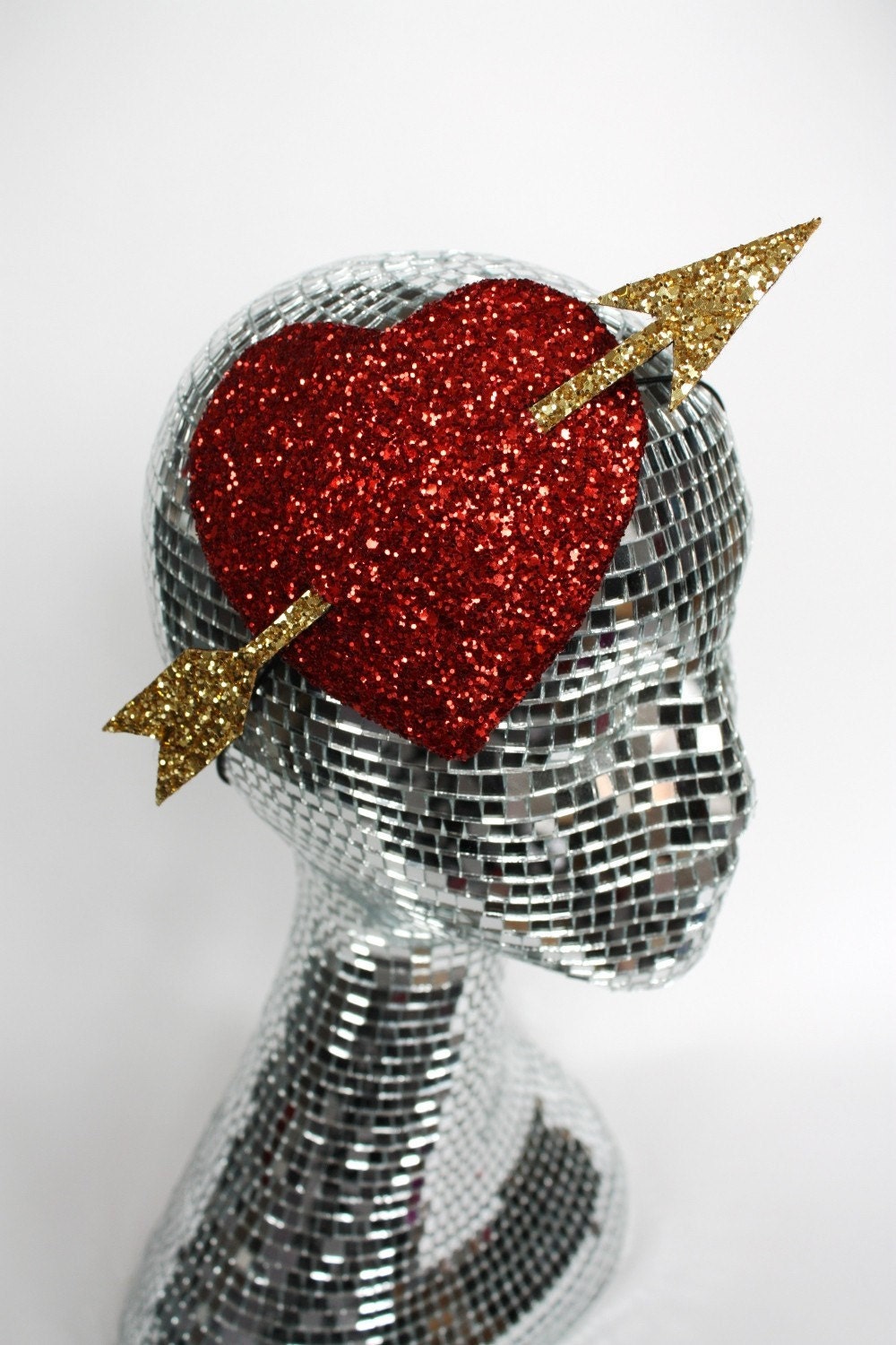 Burlesque Heart Fascinator in ruby red and gold glitter, Cupids Heart