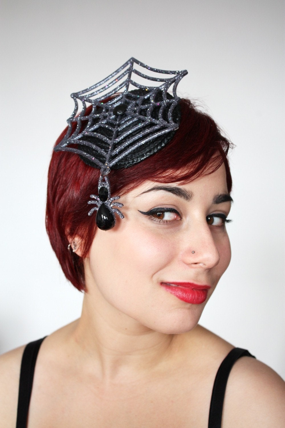 Halloween Hat, Spiders Cobweb Fascinator, Glittery Cobweb & Hanging Spider