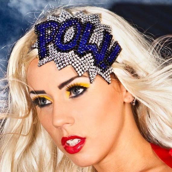 POW Fascinator Rhinestone, Comic Book Fascinator, Crystal and Blue, As seen on the Today Show and Curve magazine