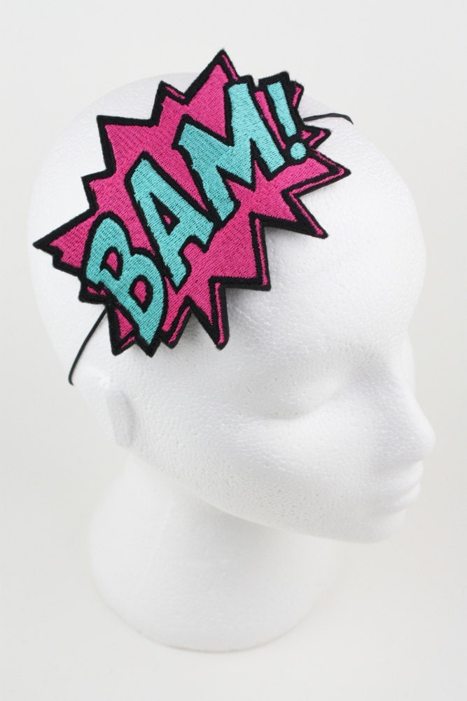 Bam comic headband blue and yellow embroidered