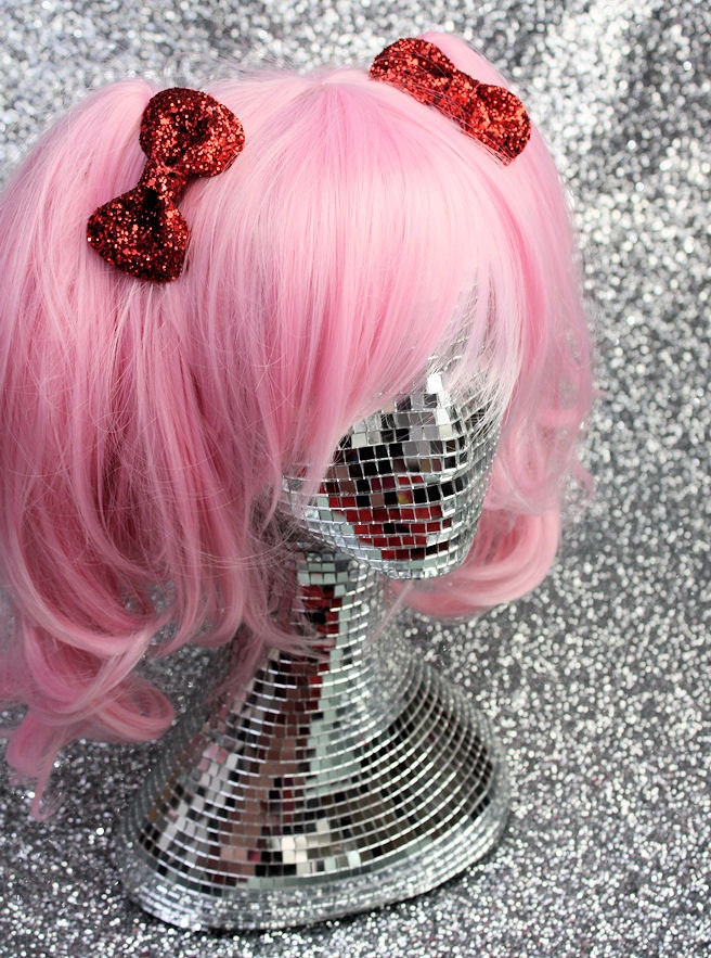 Red Bow Clips, Glitter, Hair Accessories, Cute Kawaii Bows