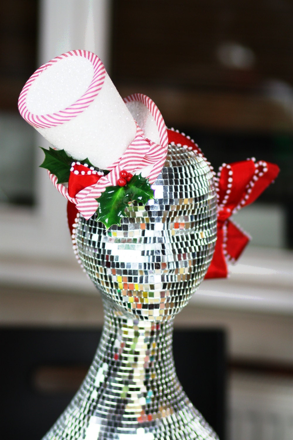 Christmas Top Hat, Candy Cane Stripes, White Glitter