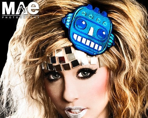 Robot Face Headband, Cute Headband, Blue and Turquoise