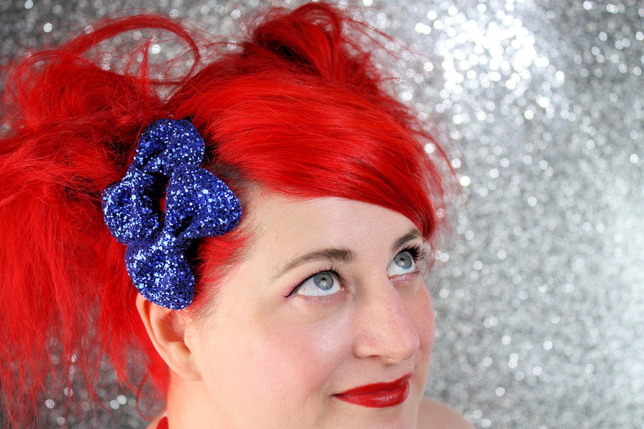 Royal Blue Bow Clips, Glitter, Hair Accessories, Cute Kawaii Bows