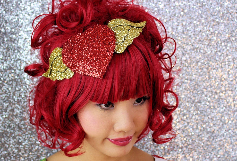 Winged Heart Fascinator, Red and gold, burlesque style