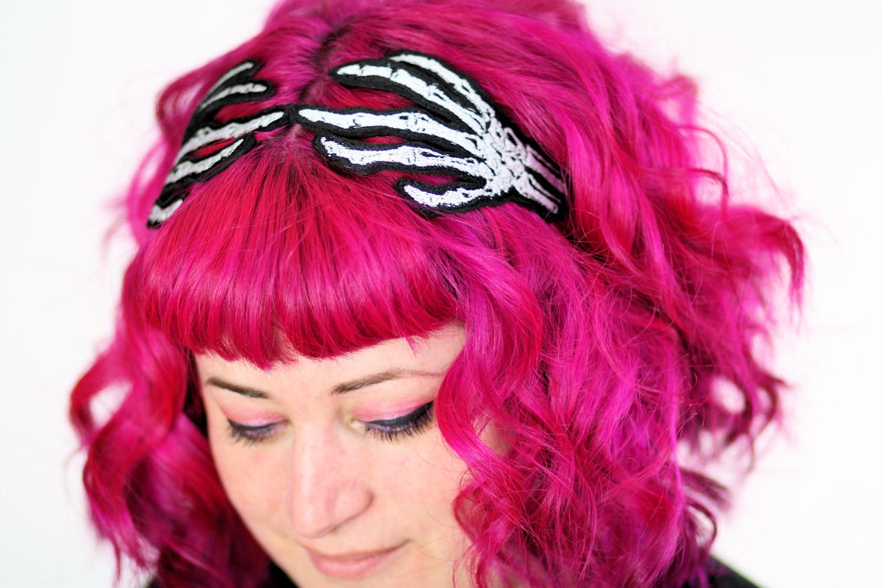 Skeleton Hands Headband, Women, Wired Hair Band, Grey and White embroidered