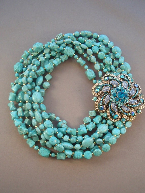 CHANTAL - Layered Turquoise with Blue Rhinestone Brooch Necklace