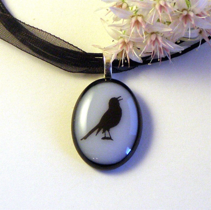 Pretty Little Songbird Fused Glass Pendant Necklace Lilac and Black Glass on Ribbon Cord Necklace