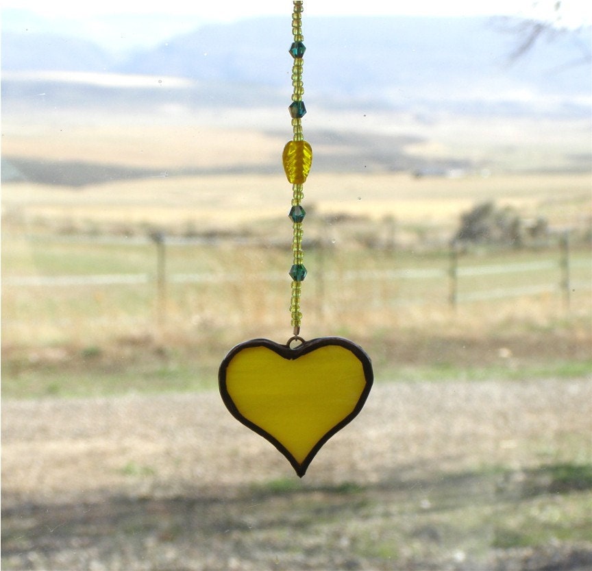 Mini Stained Glass Suncatcher - Yellow Glass Heart - Beaded Strand - Yellow Blue Green Beads