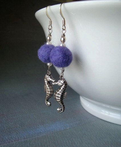 Cute Seahorse dangle earrings - Silver ox plated charms with purple felted wool balls