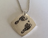 Double sided - Your Child's Actual Footprints or Hand Prints Stamped in Silver Jewelry, Curved Square Pendant- Made to Order