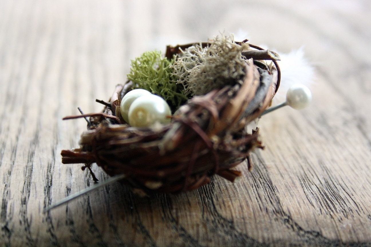 LOVE NEST BOUTONNIERE . Bird nest, moss, feather and pearl boutonniere