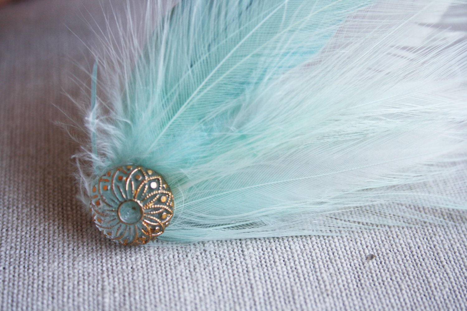 LUCY Fascinator in Mint  with Vintage Gold & Blush Button