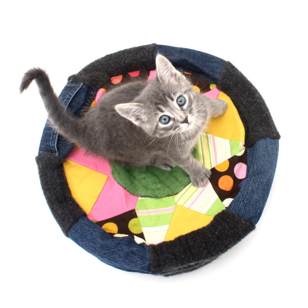 Purrocco One-of-a-kind Moroccan-inspired Cat Bed, Upcycled Denim and Wool Sweaters - Springtime Polka Dots