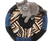 Purrocco One-of-a-kind Moroccan-inspired Cat Bed, Upcycled Denim and Wool Sweaters - Mocha Stripe