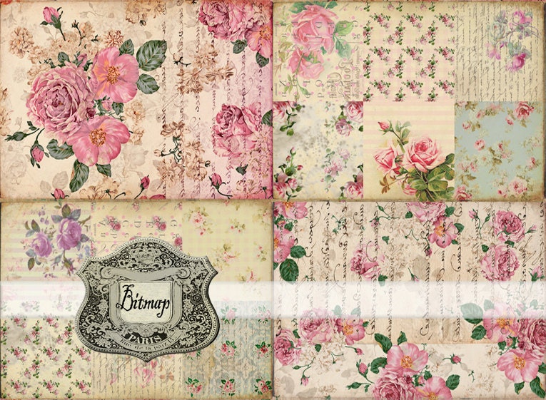 INSTANT DOWNLOAD diGiTAL CollAge shEeT VicToRiAn FLoRaL BaCKgRouNDs piNK ShaBBY RoSes FloWeRs PrinNTaBLe sCrAPbooKing KiT PolKA DoTs, No. 74