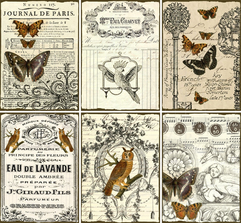 INSTANT DOWNLOAD diGitaL cOllaGe Sheets diGitAl Downloads Vintage Ephemera Owl Butterflies Printable Vintage Labels French Scripts, No. 77