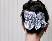 Sale--Silver ruffles bow comb with rhinestone fleur de lis--classic retro elegance.