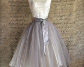 Pale grey tulle tutu skirt for women with ivory or silver satin lining- tea length, classic ballerina retro skirt.