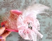 Pink French mini top hat sale- for girls or women-- rhinestones, French toile, lace and white feathers. Ready to ship