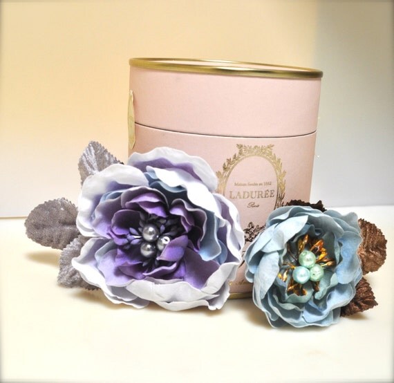 Pastel spring flower hair clips in lavenders and robin's egg blue  with matching centers