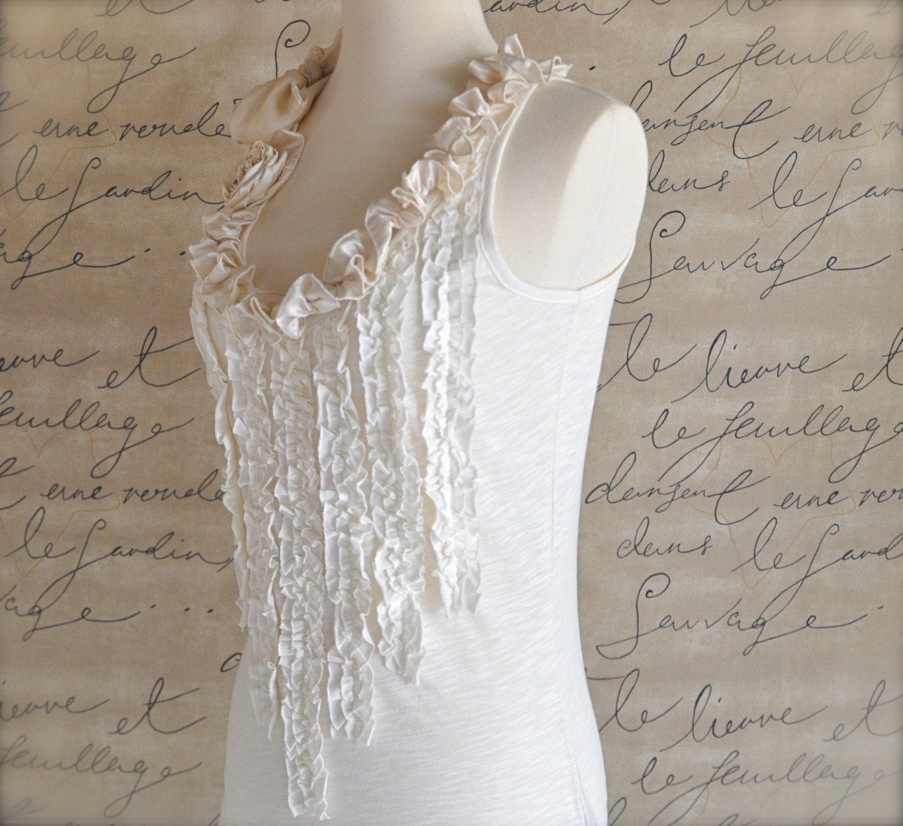 Cream ruffles shabby chic tee shirt--Modern Day Aristocrat Tee Shirt in soft cotton and silk.