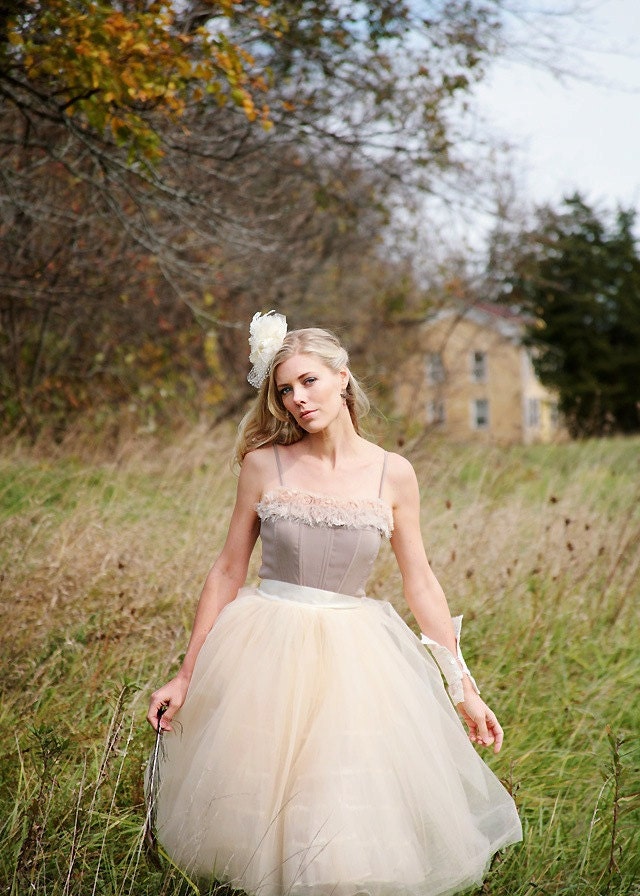 Beige tulle  tutu skirt with ivory satin waist for  women.