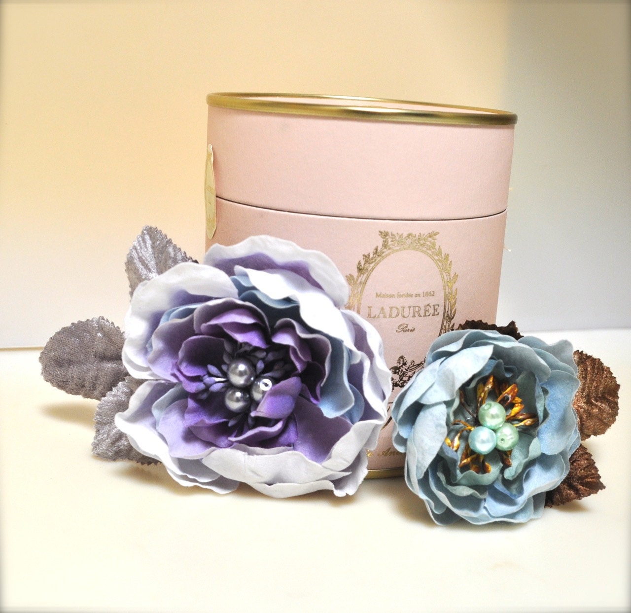 Pastel spring flower hair clips in lavenders and robin's egg blue  with matching centers