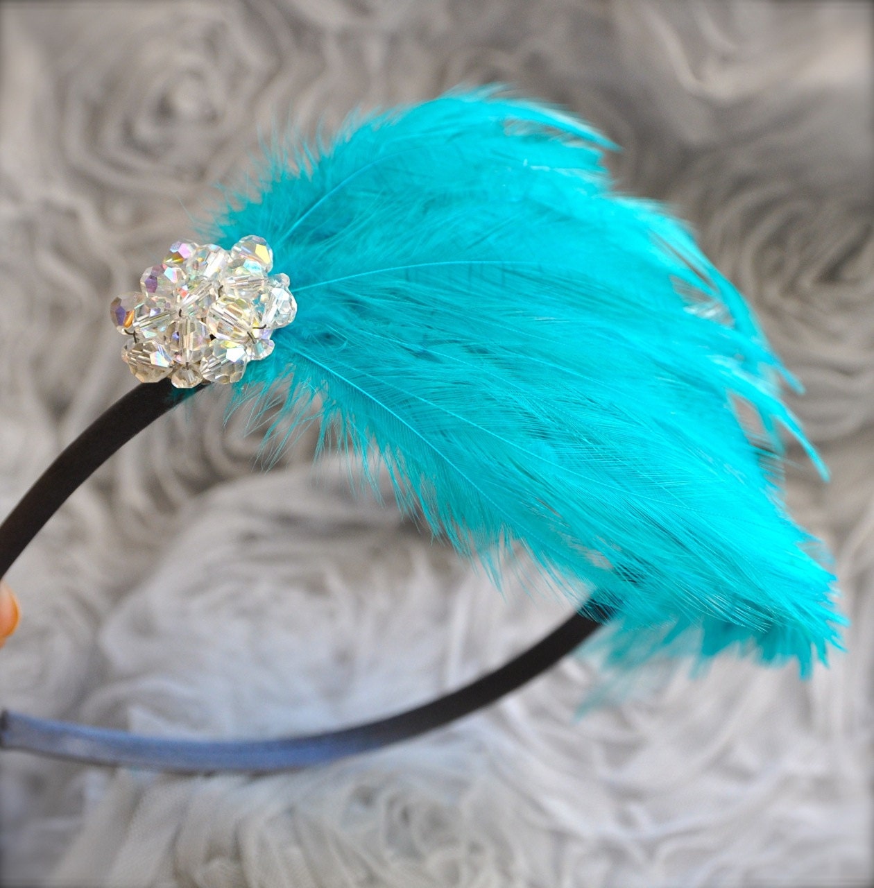 Fascinator headband--aqua blue feathers with vintage crystals on a charcoal satin band. Great Gatsby, flapper, 30's. Cyber Monday sale