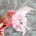 Pink French mini top hat sale- for girls or women-- rhinestones, French toile, lace and white feathers. Ready to ship