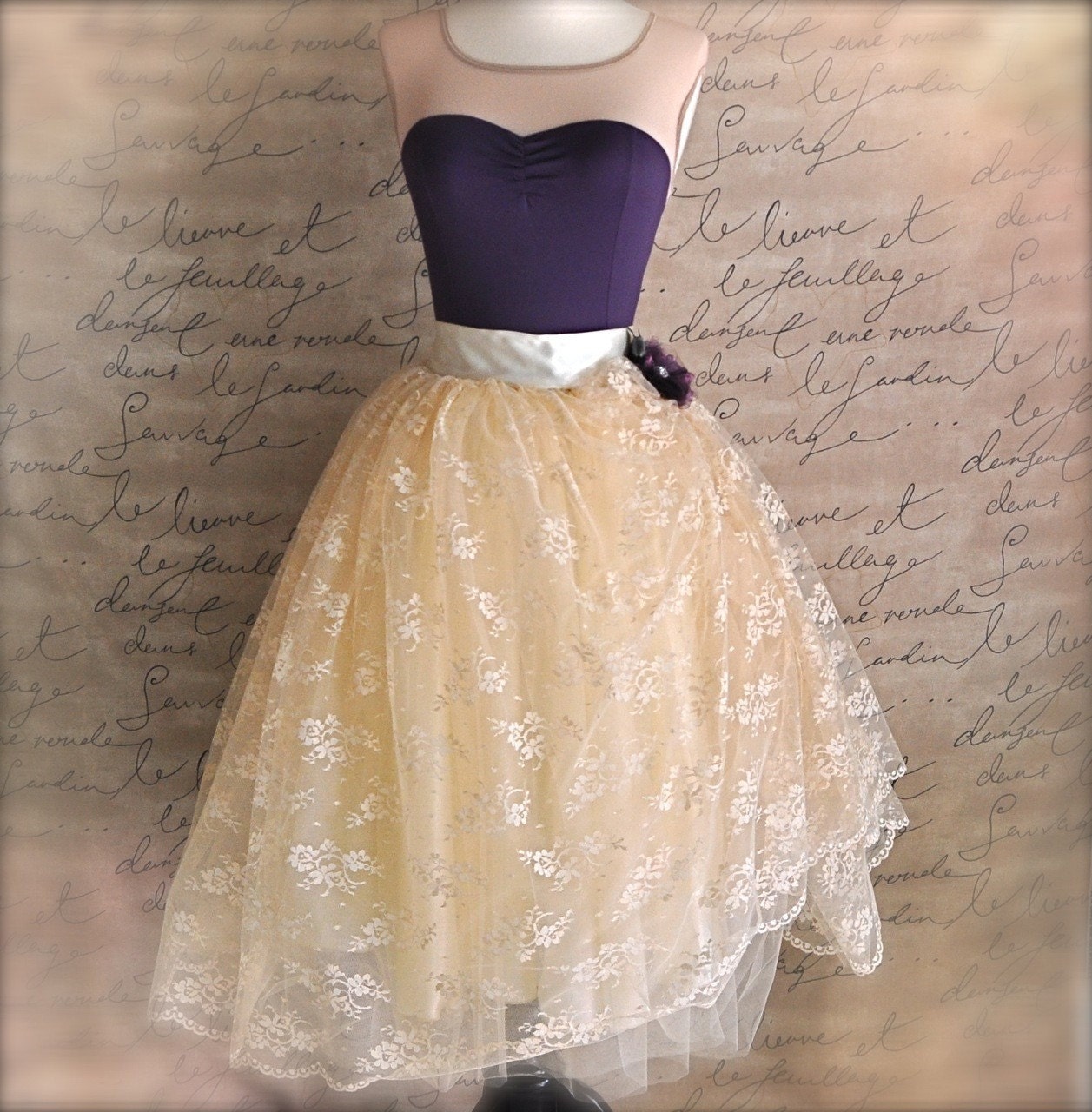 Golden Cream Lace Tulle Skirt For Women By Tutuschicoriginals