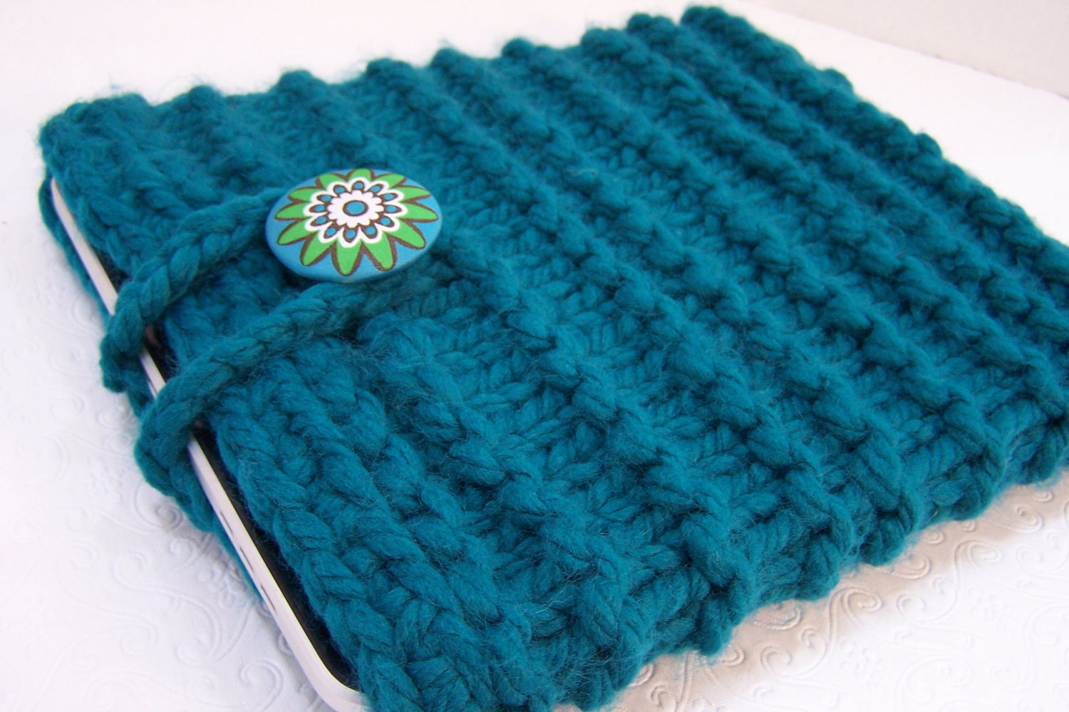 Knit IPad Sleeve, Knit Notebook Case, Knit Tablet Sleeve, Knit Case in Peacock Blue Button Closure