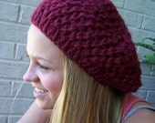 Chunky Knit Slouch Beret, Chunky Knit Hat in Cranberry Red Acrylic Wool Blend