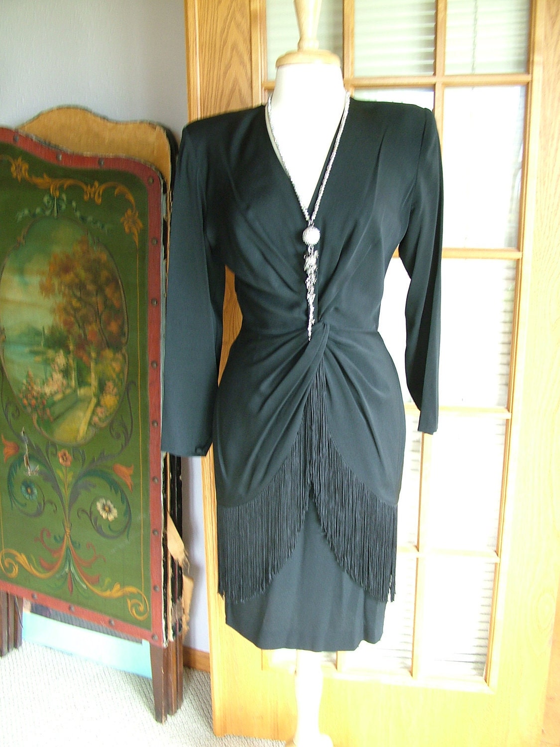Black fringed wrap dress disco dress lbd sassy sexy cocktail dress