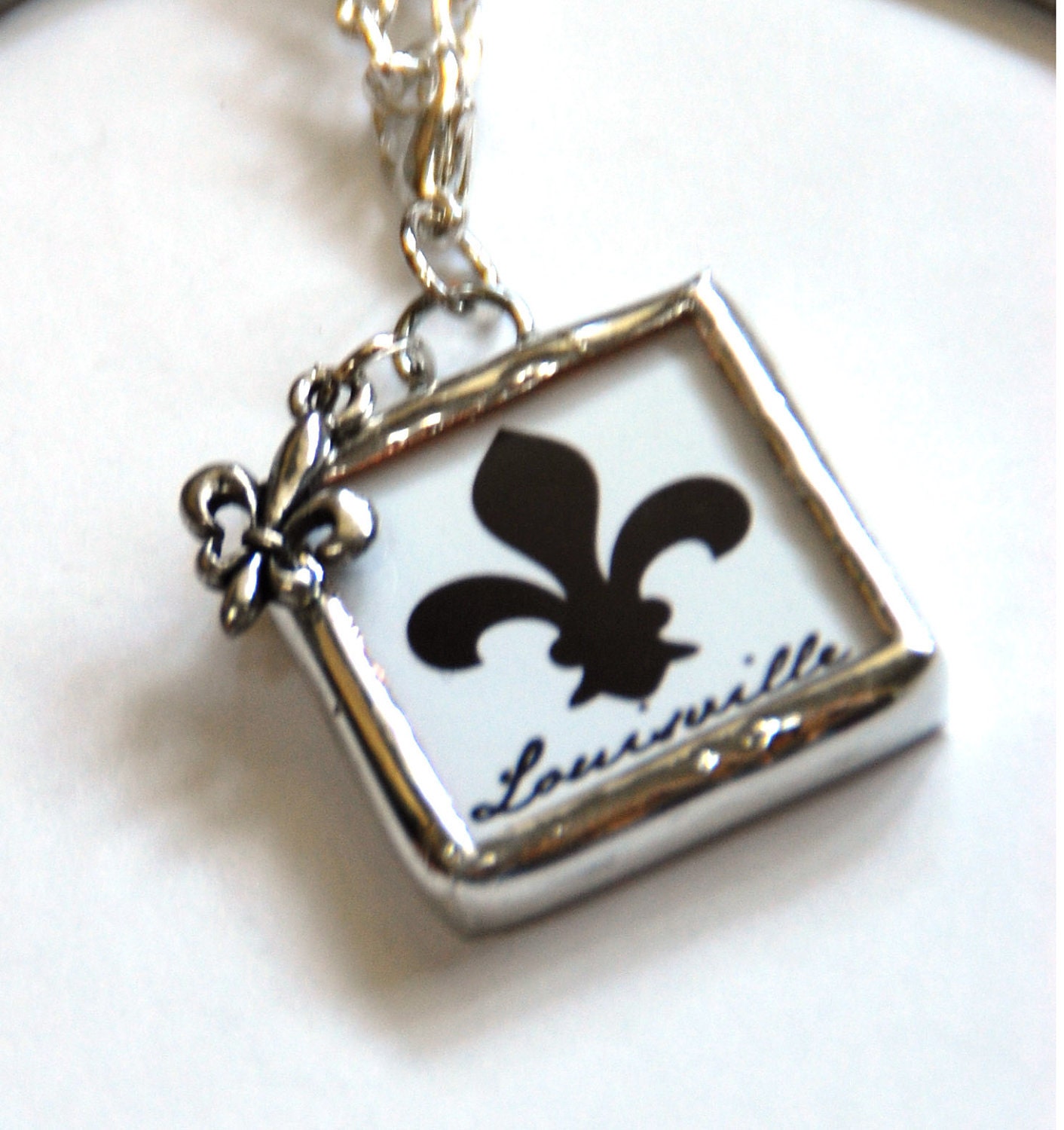 Kentucky Derby Soldered Charm Pendant 1X1 Vintage Kentucky Derby Postcard and Fluer de Lis with 30" Nickel Ball Chain