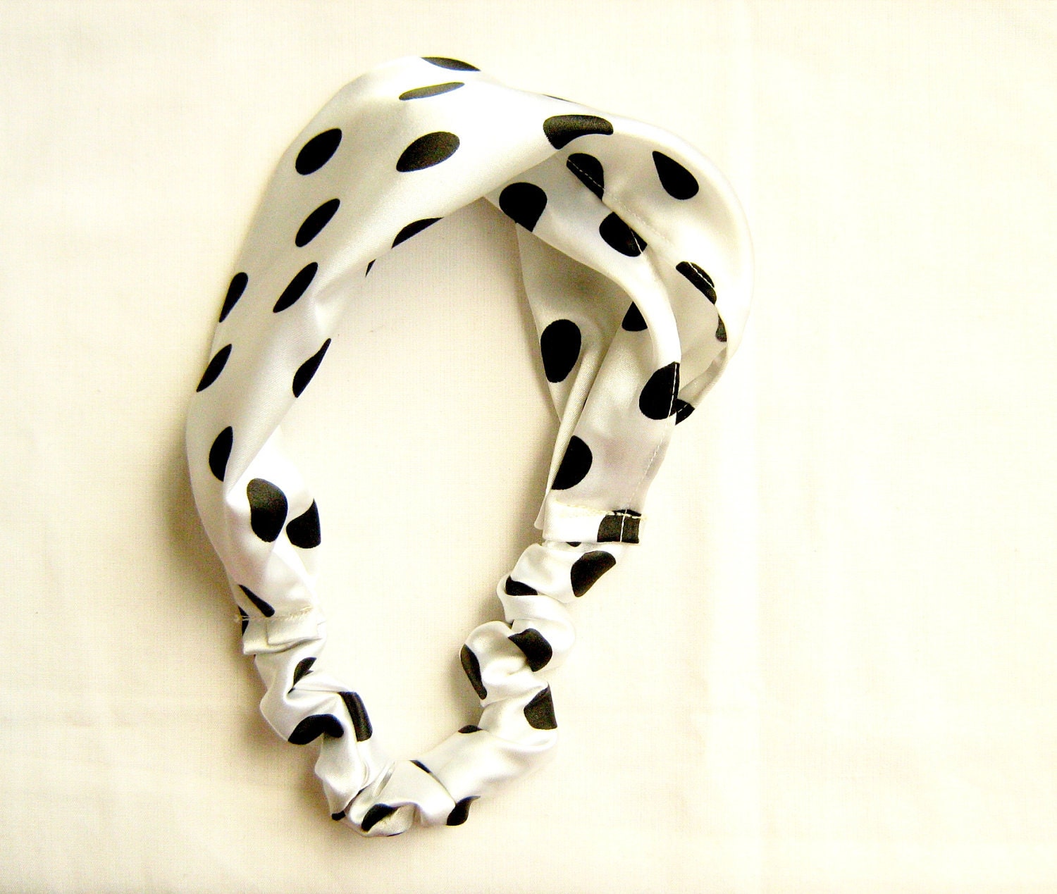 Satin Polka Dot Headband, Black and White, elastic hair accessory, bandana/ turban style head scarf