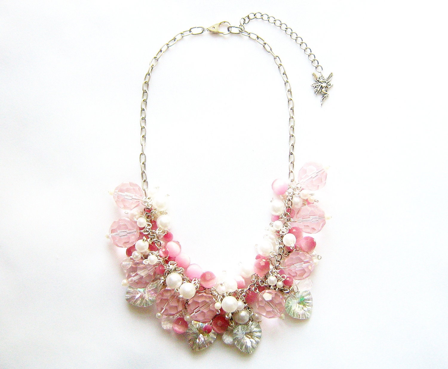 Blush Pearl Statement Necklace - Aurora - chunky pearl clusters, cat eye glass, charms