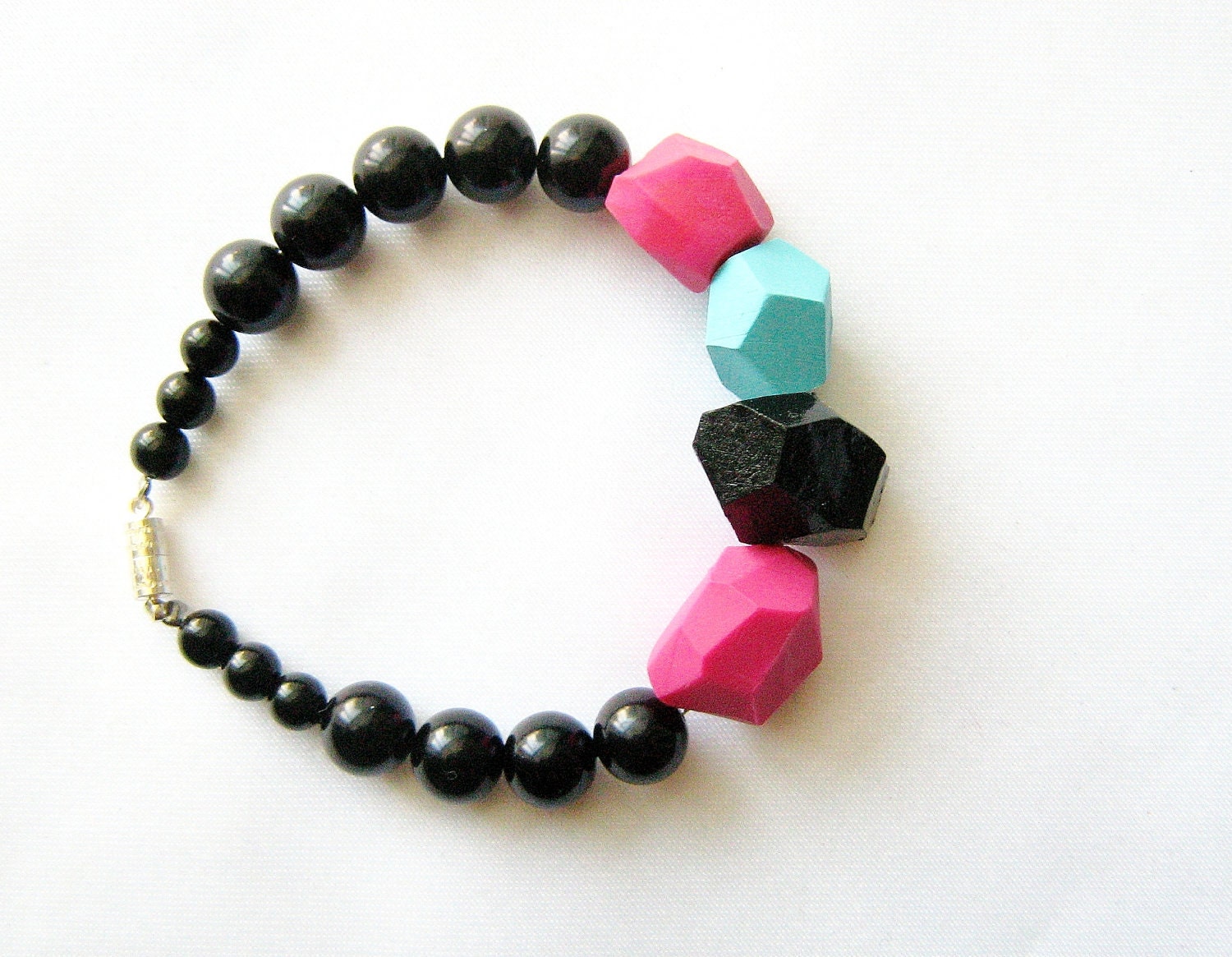 Neon jungle geo bracelet - handmade geometric jewelry, hot pink, neon blue, black - Rare Diamonds Collection