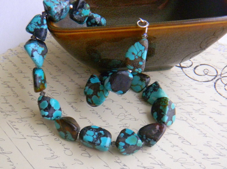 Turquoise necklace Chinese turquoise nugget Necklace sterling silver