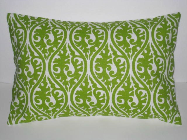 Green. White. Chartreuse.Pillow. 12 x 18. Damask. Decorative Pillow Cover. Accent Pillow Cover