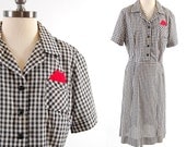 Vintage 50s black white GINGHAM shirtwaist dress / Red hanky in pocket