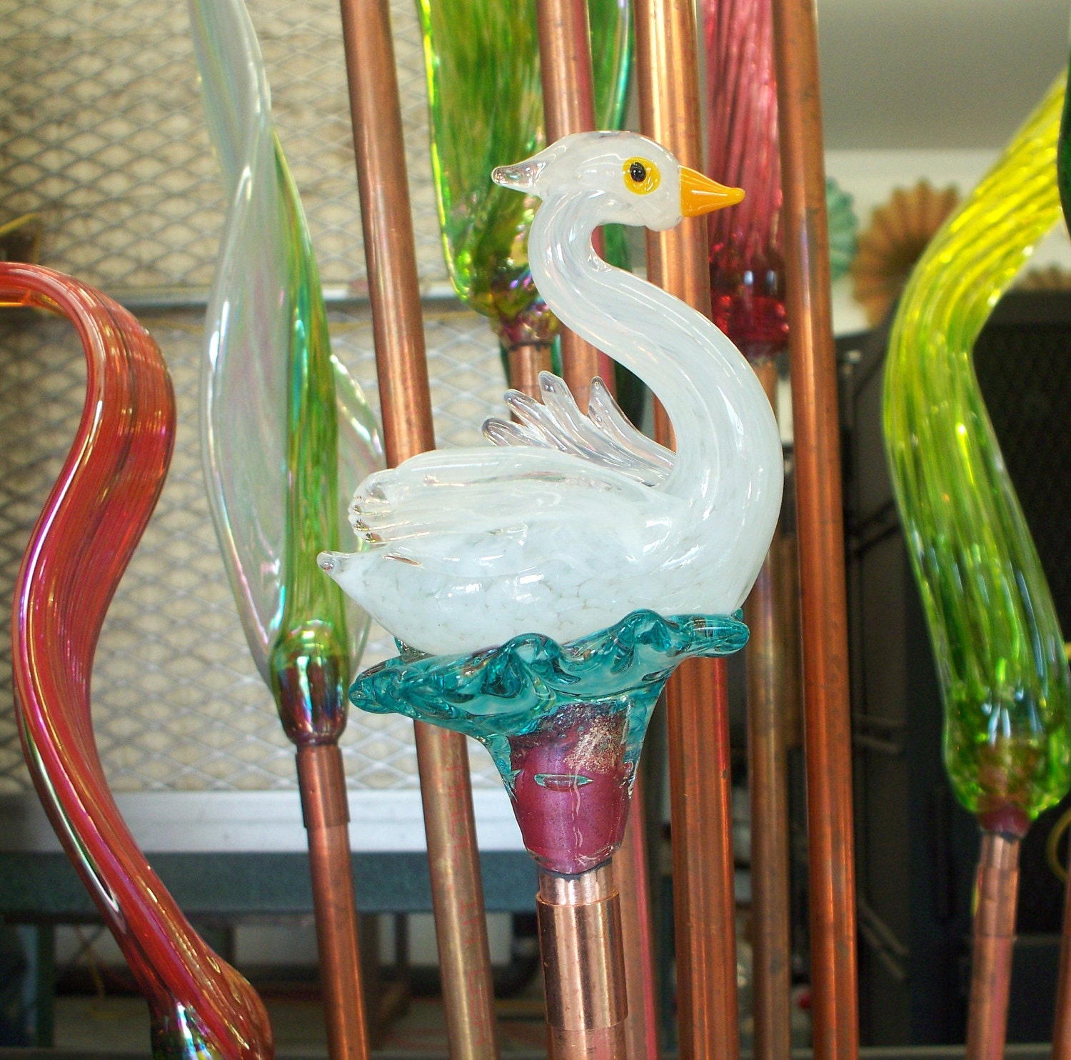 Hand Blown Glass Art Garden Art Swan Oneil 2397