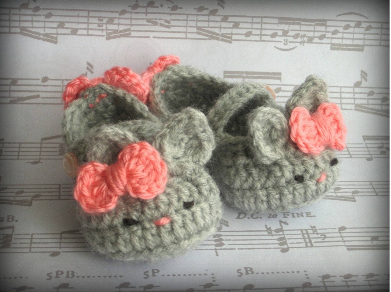 Grey Kitty Slippers with Pink Bows for Baby Girls - Spring Summer Crocheted Booties