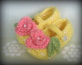 Polka Dot Rose Crochet Slippers - Buttery Yellow with White Polka Dots and a Coral Pink Rose