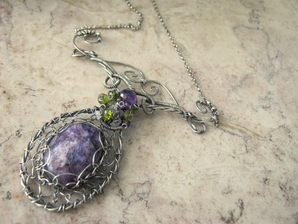 Charoite Necklace in Sterling Silver with Amethyst, Vesuvianite and Moonstone