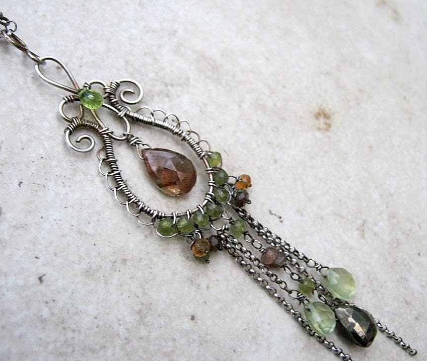 Andalusite gemstone necklace with Prehnite, Pyrite and peridot