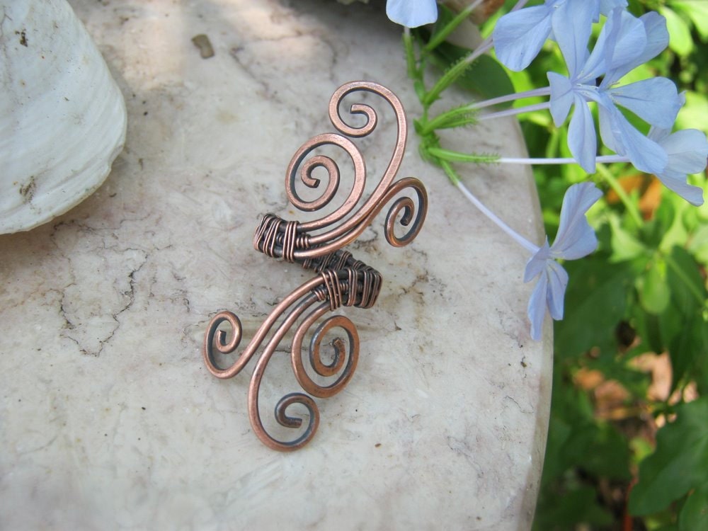 Copper wire scroll  ring, hammered and wire wrapped