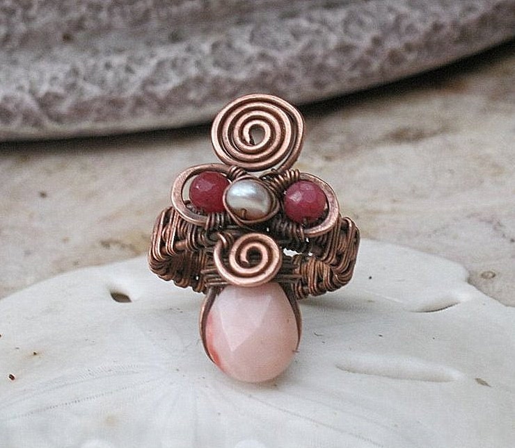 pink opal ring in copper with rubies and pearl