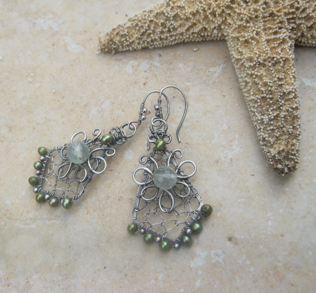 prehnite earrings in sterling with green pearl